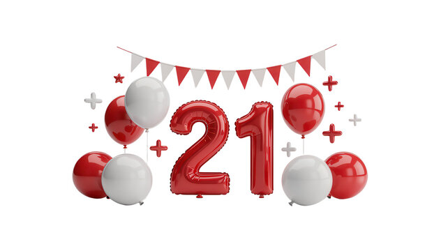 Celebrate turning twenty one with vibrant red and white balloons, a festive banner, and confetti for a memorable milestone party