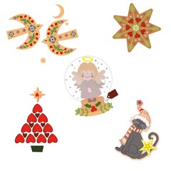 sticker-pack with winter solstice symbols, stars, birds, cute angel, cats, Christmas tree from pink hearts, on white background