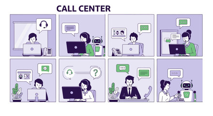 Illustrations depicting various scenarios in a busy call center environment showcasing customer service interactions and technological advancements in support operations