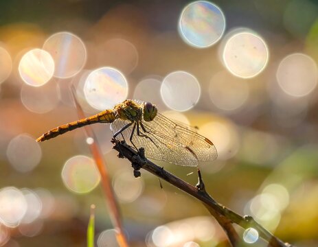 Delicate dragonfly perched on a twig bathed in sunlight