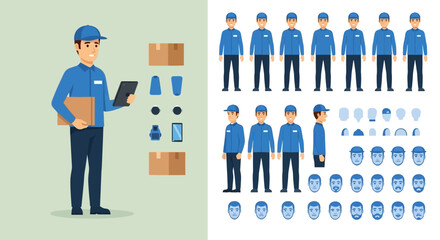 Delivery Person Character Creation Kit with Various Components and Accessories for Animation and Design Projects