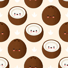 Cute kawaii coconut seamless pattern background