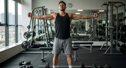 Focused athlete stretches in a well - equipped gym Preparation and recovery are essential parts of a strength training routine