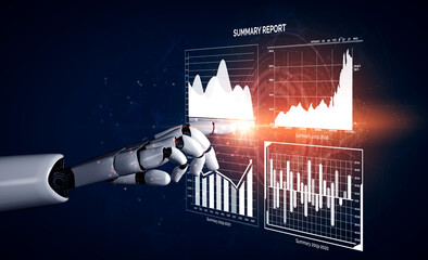 A futuristic robot hand points at dynamic data visualizations, showcasing graphs and statistics on a dark background, symbolizing advanced technology and data analysis. Impute