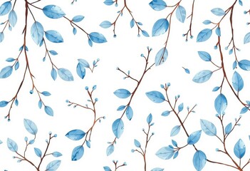 Delicate watercolor blue leaf twigs & small leaves seamless pattern on white background, twigs, branch