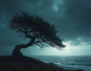 Obraz premium Illustration of lone tree bending against stormy sky by ocean. Dark silhouette of tree, with gnarled branches, stands firm on cliff overlooking rough sea waves. Moody lighting, dramatic clouds