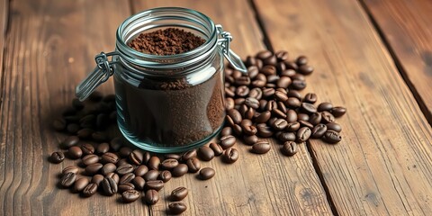 A glass jar of instant coffee granules sits beside a scattering of roasted coffee beans on a rustic wooden surface,   brew,  still life