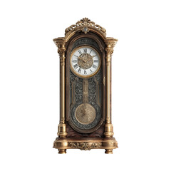 Tall grandfather clock with ornate golden frame and wooden body isolated on transparent background for vintage design