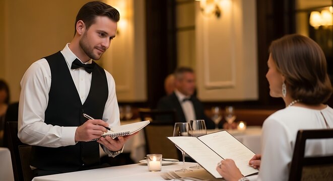 Attentive waiter taking order from a lady at a warmly lit restaurant with elegant ambiance and refined dining experience Fine cuisine