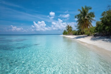 Naklejka premium Crystal clear turquoise ocean water meets a white sand beach with palm trees