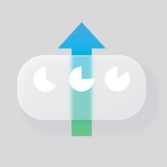 Business graphic up growth chart round graph with glassmorphism effect, glass blur button on green blue increase arrow