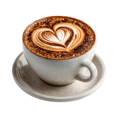 White ceramic coffee cup filled with cappuccino and frothy milk foam isolated on transparent background for café design