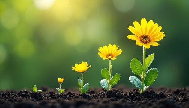 Sequence of yellow flowers, green sprouts in soil signifies growth, success. Conceptual representation of business development, agriculture, life progress. Stages of germination to blooming with