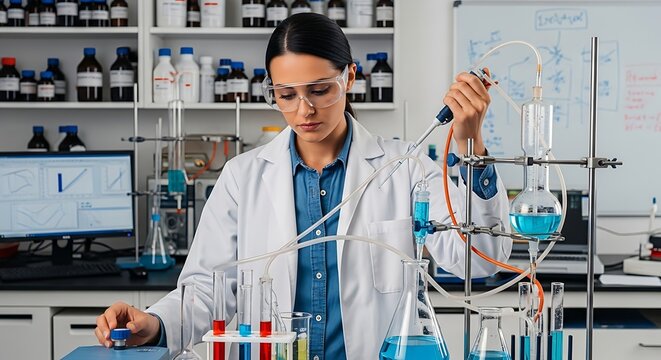 Scientist conducting experiment carefully using lab equipment wearing safety goggles Analytical chemistry in research laboratory