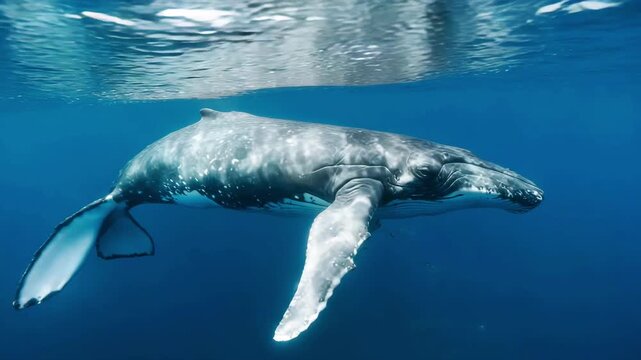 Majestic Whale Swimming Underwater in Ocean Stunning image of a whale gliding through the deep blue ocean, symbolizing marine life, power, and freedom