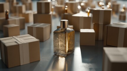Perfume bottle surrounded by multiple cardboard packages