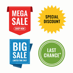 Set of red sale stickers and promotional labels for advertising. Discount price tags for retail marketing. Special and best offer vector graphic elements collection isolated