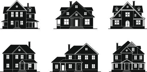 Fototapeta premium Black and white house vector, architectural illustration set, residential building icons, modern home design, roof styles, porch, chimney, facade, windows