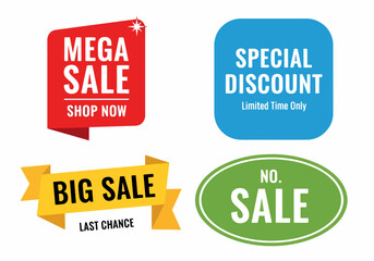 Set of red sale stickers and promotional labels for advertising. Discount price tags for retail marketing. Special and best offer vector graphic elements collection isolated