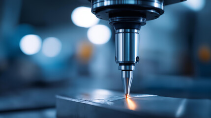 A coordinate measuring machine probes a metal detail hyper realistic probe details with clear textures moody shadows on the machine bright saturation in measurement visuals coo