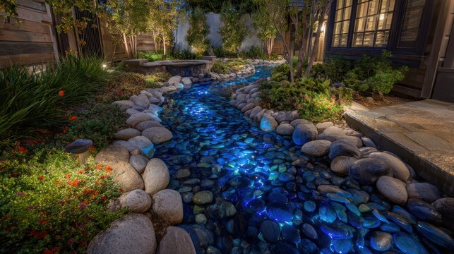 A tranquil nighttime garden stream lined with smooth stones, illuminated by blue lights, creating a serene and peaceful ambiance.