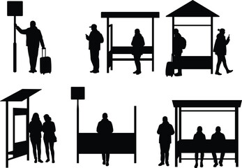 Bus stop silhouettes, public transportation waiting area, urban commuter scene, people at shelter, travel infrastructure, black vector icons, city mobility