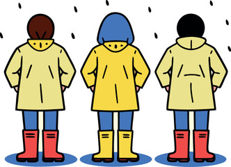 Three People in Yellow Raincoats Standing in the Rain Vector Illustration