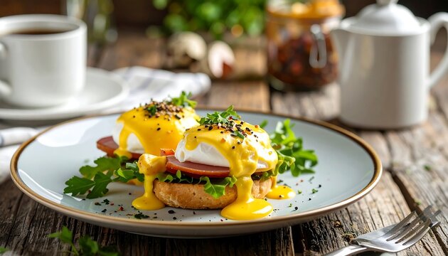 Eggs Benedict breakfast poached eggs with hollandaise sauce over ham and english muffins