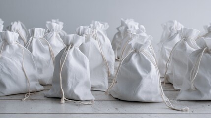 White fabric bags arranged row minimal lifestyle packaging product photography concept