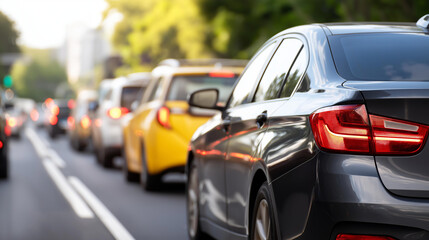 A traffic jam clogs a city street hyper realistic vehicle details with vivid textures moody shadows on the road bright saturation in urban elements traffic jam urban