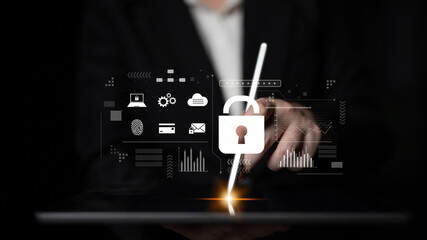 Digital cyber security lock system highlighting data security encryption, cyber password...