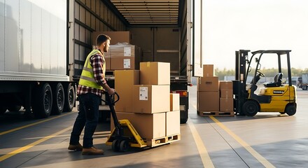 Worker using hand truck to move boxes near truck and forklift in a depot showcasing logistics and distribution activities