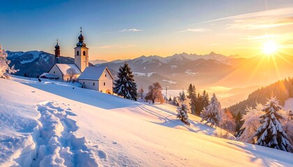 Snowy church at sunrise