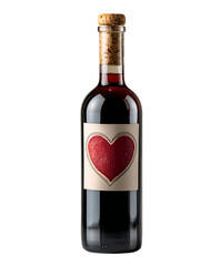 Wine bottle with custom heart shaped label and filled bottle isolated on transparent background for romantic celebration design