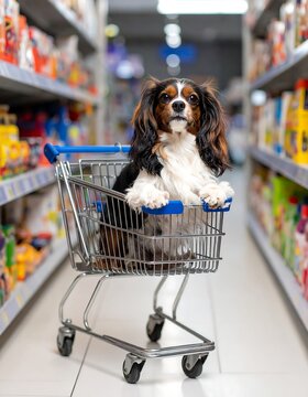 Naklejki Dog in a shopping cart in a grocery store