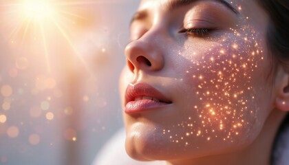 Close-up of woman face with microneedling treatment. Glowing skin renewal with tiny sparkles signifies advanced skincare. Soft sunlight and bokeh add to radiant, healthy complexion effect.