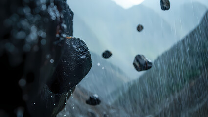 Dramatic landslide with rocks falling down a mountain in heavy rain, creating a sense of danger and natural disaster in a remote location
