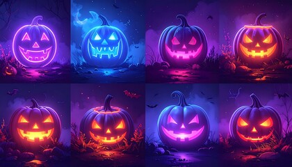 Halloween jack-o'-lanterns glowing in a night scene