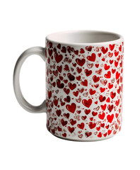 White ceramic coffee mug printed with red heart pattern isolated on transparent background for romantic design projects