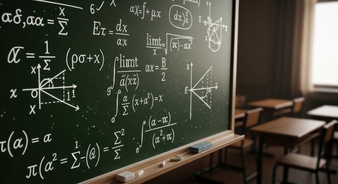 Math formulas scribbled on a chalkboard in a classroom, illustrating mathematical concepts and