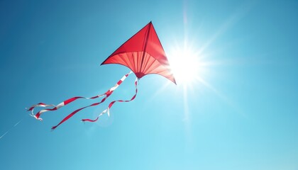 Red kite with striped tail flies high in bright blue sky near sun. Outdoor activity conveys sense of freedom, joy, childhood fun. Clear summer day, gentle breeze moves toy.