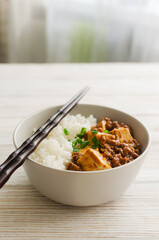 Mapo tofu dish in spicy sauce with minced beef in a ceramic bowl on a white background. Dish from Sichuan province. Traditional Asian food concept. Selective focus. Vertical orientation.