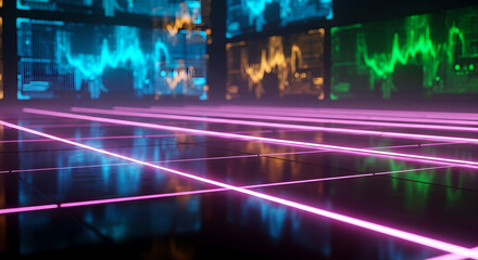 Futuristic Data Visualization: Neon Lines and Digital Displays