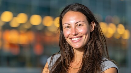 Cheerful Young Woman Smiling Against a Blurred Urban Background