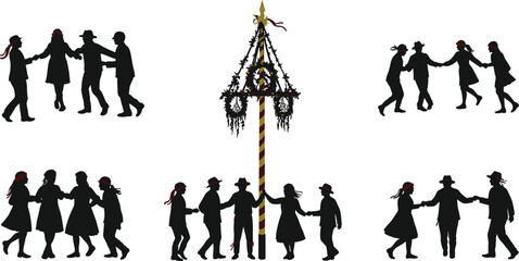 maypole, folk dance, spring festival, silhouette, traditional costume, ribbons, celebration, cultural, festive, couples, greenery, floral, heritage, seasonal, outdoor, joyful, europe, tradition