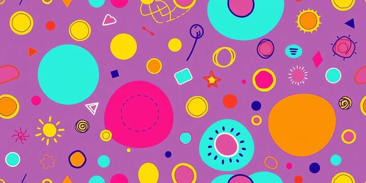 Vibrant, minimalist seamless pattern featuring colorful line doodles and basic shapes,  texture,  vibrant