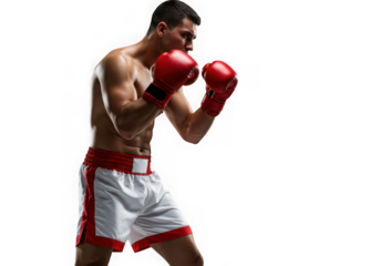 Boxer in action isolated on transparent background, ready to strike with red gloves