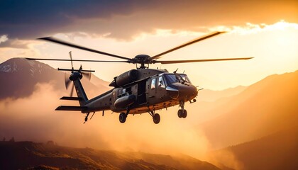 Fototapeta premium Military Helicopter Soaring Above a Rugged Mountainous Landscape at Golden Hour