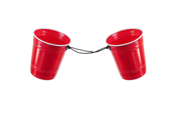 red and white cup with string on an isolated on a transparent background in PNG format.