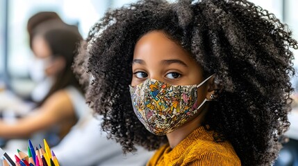 Portrait of a young girl wearing a colorful face mask in classroom